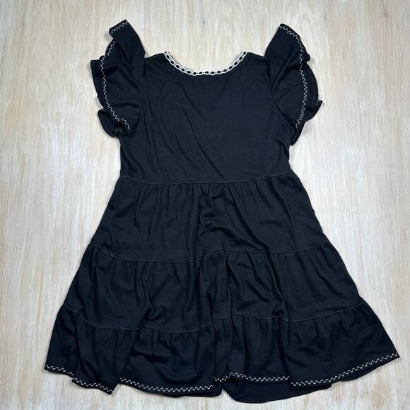 Max Studio Black Flutter Embroidered Tiered Ruffle Romantic Boho V-Neck Dress XL - Picture 10 of 14